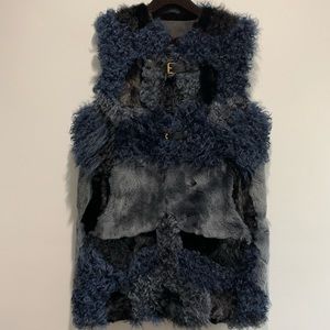 Louis Vuitton silk rabbit calfskin mink fur vest gilet coat Navy blue shearling